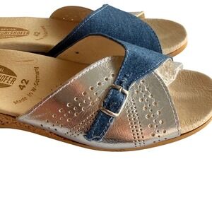 Worishofer 251 Silver Leather Blue Denim Cork Wedge Sandals Womens 42 Germany